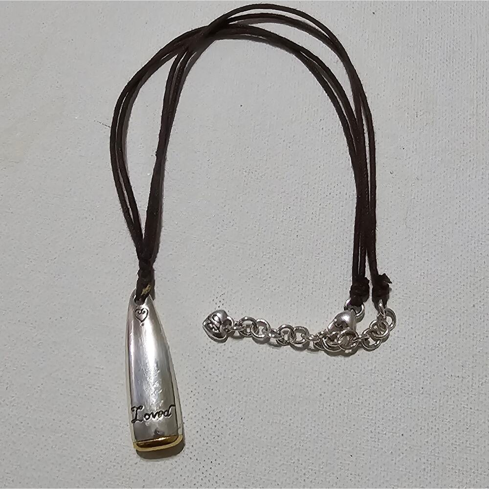 Brighton Loved Heart Silver Gold Tone Bullet Pendant Brown Cord‎ Necklace